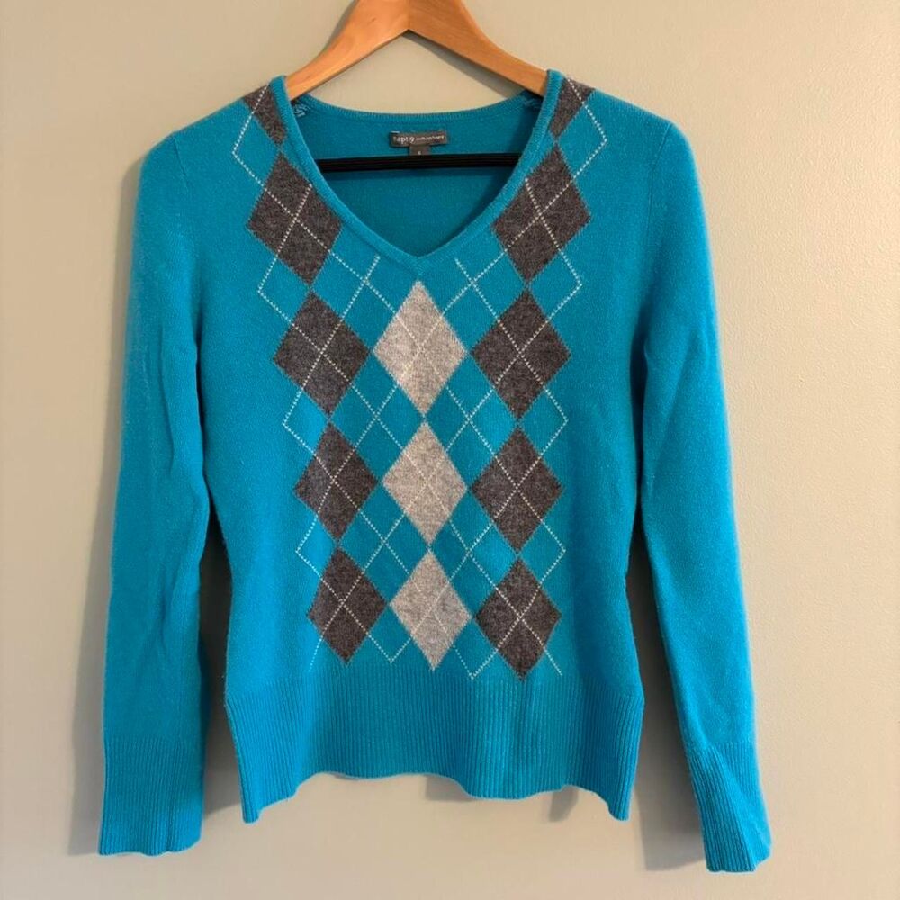 100% Cashmere Women's V-neck sweater Argyle Preppy Academia Small